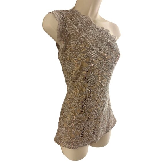 Boston Proper Beige Tan Sparkly Lace One Shoulder Lined Top Shirt Tank Size XS - Picture 2 of 8